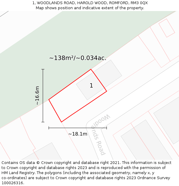 1, WOODLANDS ROAD, HAROLD WOOD, ROMFORD, RM3 0QX: Plot and title map