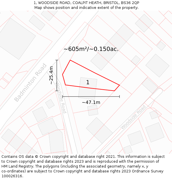 1, WOODSIDE ROAD, COALPIT HEATH, BRISTOL, BS36 2QP: Plot and title map