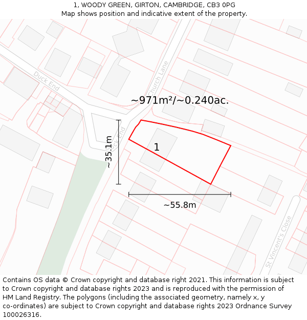 1, WOODY GREEN, GIRTON, CAMBRIDGE, CB3 0PG: Plot and title map