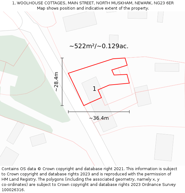 1, WOOLHOUSE COTTAGES, MAIN STREET, NORTH MUSKHAM, NEWARK, NG23 6ER: Plot and title map