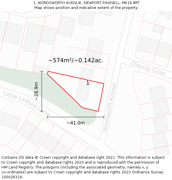 1, WORDSWORTH AVENUE, NEWPORT PAGNELL, MK16 8RT: Plot and title map