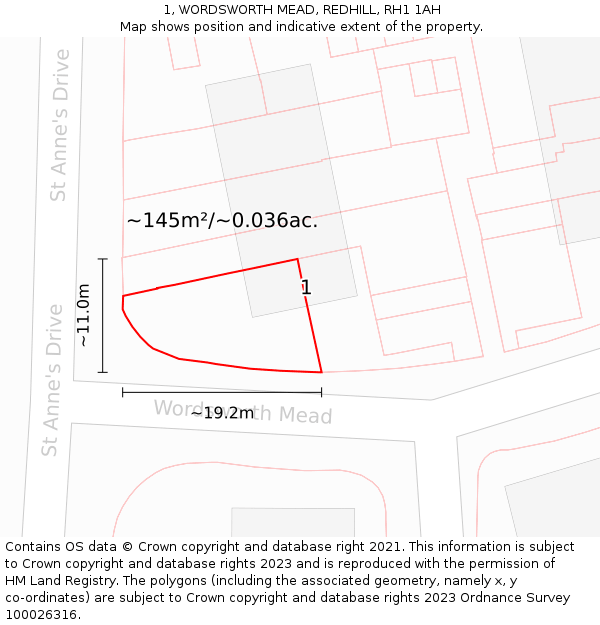 1, WORDSWORTH MEAD, REDHILL, RH1 1AH: Plot and title map