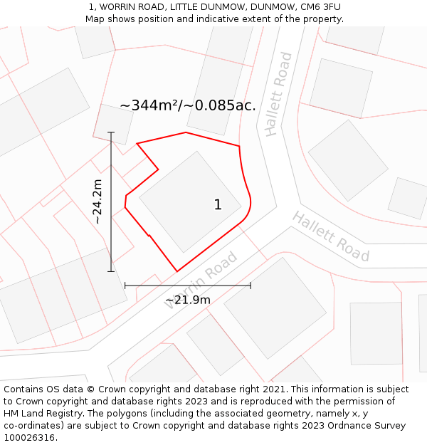 1, WORRIN ROAD, LITTLE DUNMOW, DUNMOW, CM6 3FU: Plot and title map