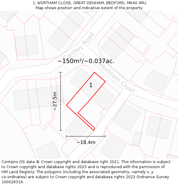 1, WORTHAM CLOSE, GREAT DENHAM, BEDFORD, MK40 4RU: Plot and title map