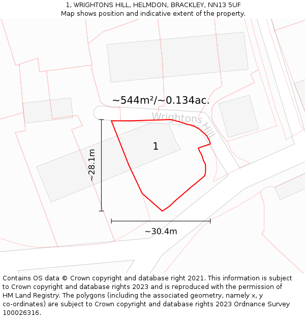 1, WRIGHTONS HILL, HELMDON, BRACKLEY, NN13 5UF: Plot and title map