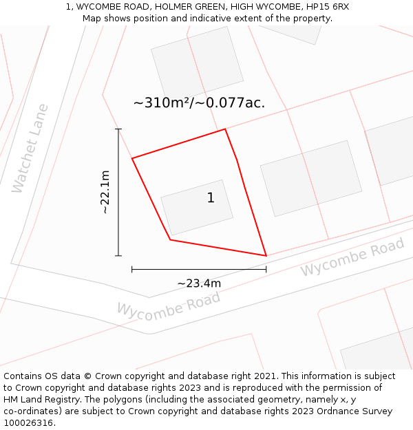 1, WYCOMBE ROAD, HOLMER GREEN, HIGH WYCOMBE, HP15 6RX: Plot and title map