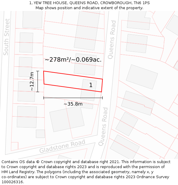 1, YEW TREE HOUSE, QUEENS ROAD, CROWBOROUGH, TN6 1PS: Plot and title map