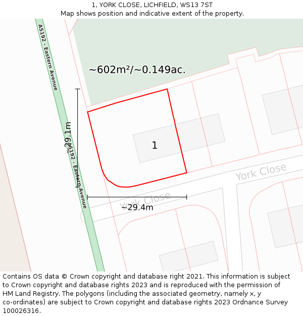 1, YORK CLOSE, LICHFIELD, WS13 7ST: Plot and title map