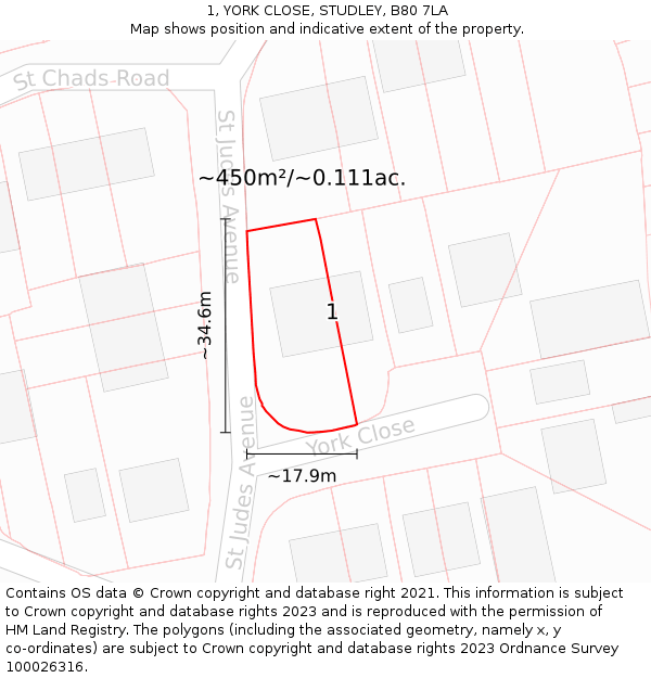 1, YORK CLOSE, STUDLEY, B80 7LA: Plot and title map