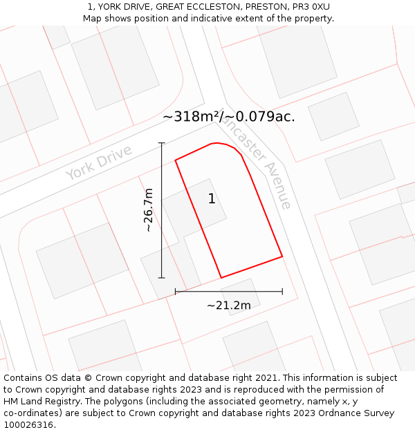 1, YORK DRIVE, GREAT ECCLESTON, PRESTON, PR3 0XU: Plot and title map