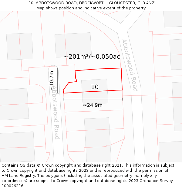 10, ABBOTSWOOD ROAD, BROCKWORTH, GLOUCESTER, GL3 4NZ: Plot and title map