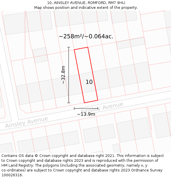 10, AINSLEY AVENUE, ROMFORD, RM7 9HU: Plot and title map