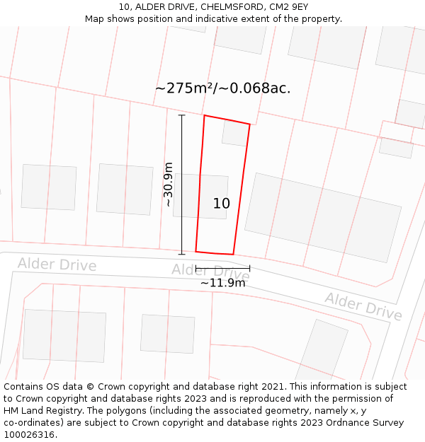 10, ALDER DRIVE, CHELMSFORD, CM2 9EY: Plot and title map