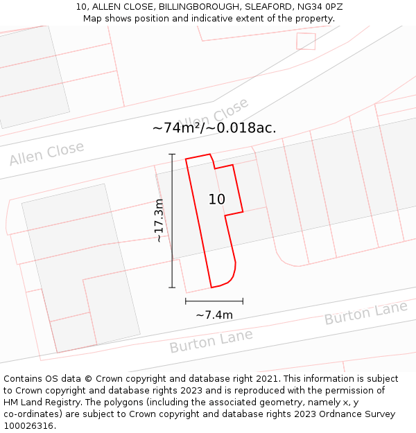 10, ALLEN CLOSE, BILLINGBOROUGH, SLEAFORD, NG34 0PZ: Plot and title map