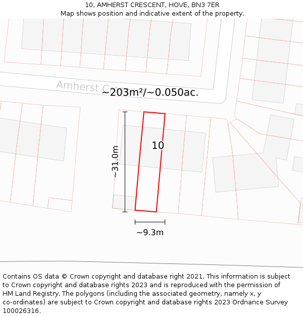 10, AMHERST CRESCENT, HOVE, BN3 7ER: Plot and title map