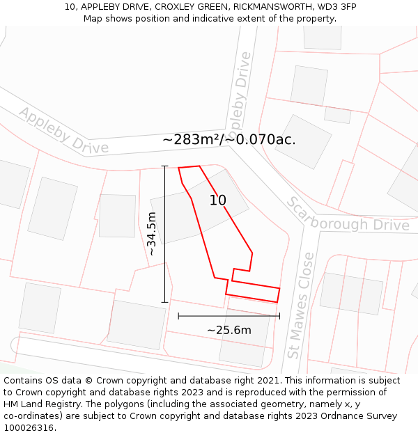 10, APPLEBY DRIVE, CROXLEY GREEN, RICKMANSWORTH, WD3 3FP: Plot and title map