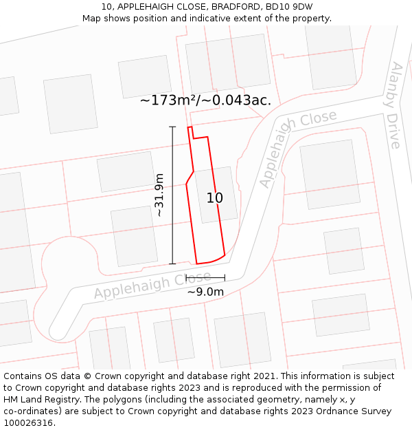 10, APPLEHAIGH CLOSE, BRADFORD, BD10 9DW: Plot and title map