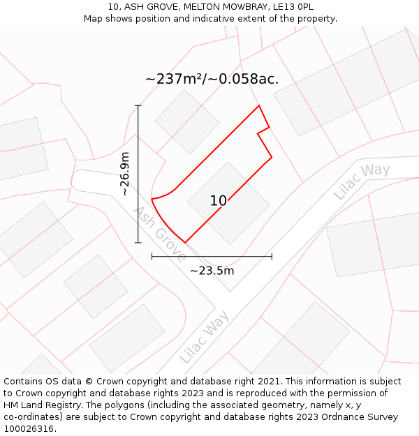 10, ASH GROVE, MELTON MOWBRAY, LE13 0PL: Plot and title map