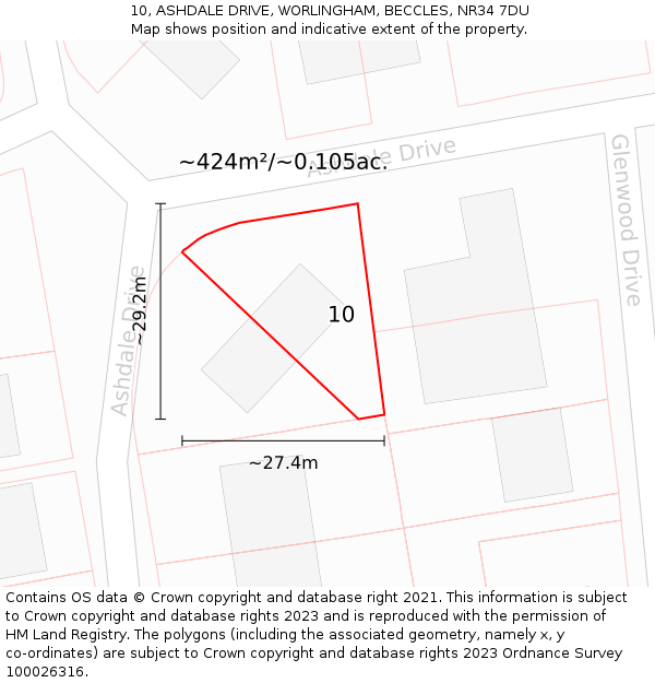 10, ASHDALE DRIVE, WORLINGHAM, BECCLES, NR34 7DU: Plot and title map