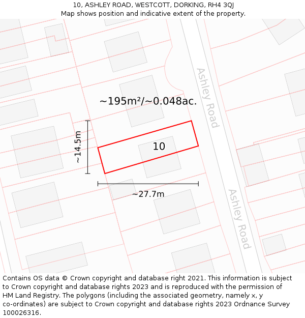 10, ASHLEY ROAD, WESTCOTT, DORKING, RH4 3QJ: Plot and title map