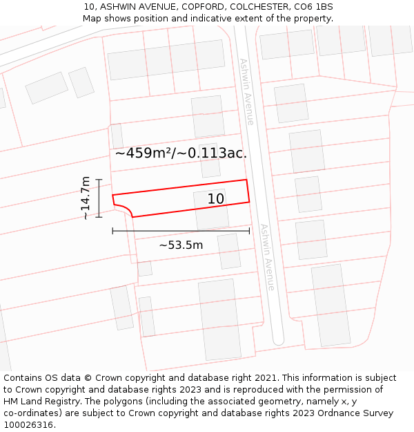 10, ASHWIN AVENUE, COPFORD, COLCHESTER, CO6 1BS: Plot and title map