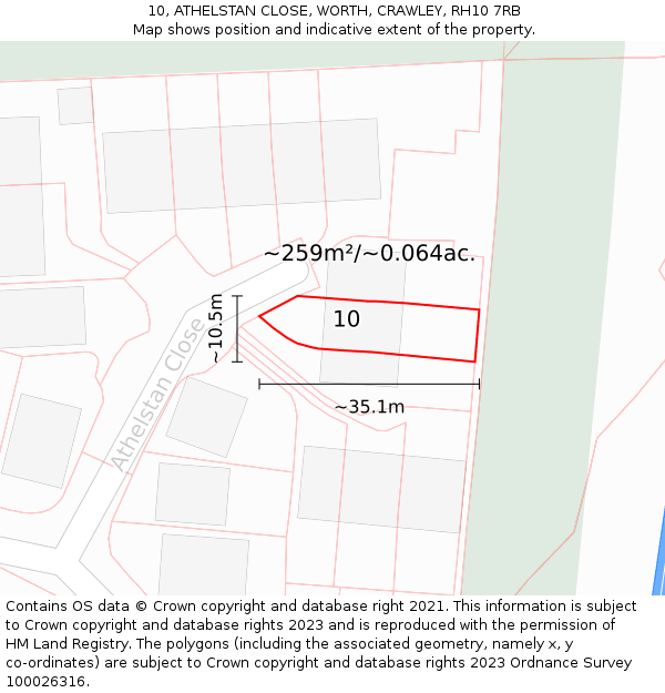10, ATHELSTAN CLOSE, WORTH, CRAWLEY, RH10 7RB: Plot and title map
