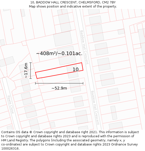 10, BADDOW HALL CRESCENT, CHELMSFORD, CM2 7BY: Plot and title map