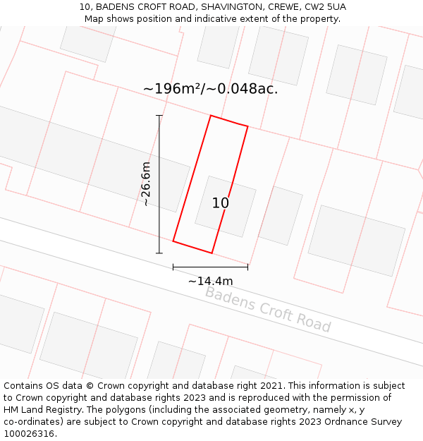 10, BADENS CROFT ROAD, SHAVINGTON, CREWE, CW2 5UA: Plot and title map