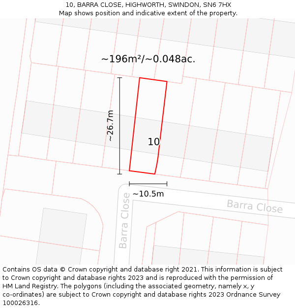 10, BARRA CLOSE, HIGHWORTH, SWINDON, SN6 7HX: Plot and title map