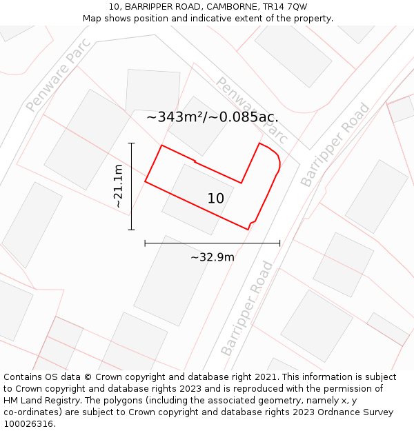 10, BARRIPPER ROAD, CAMBORNE, TR14 7QW: Plot and title map