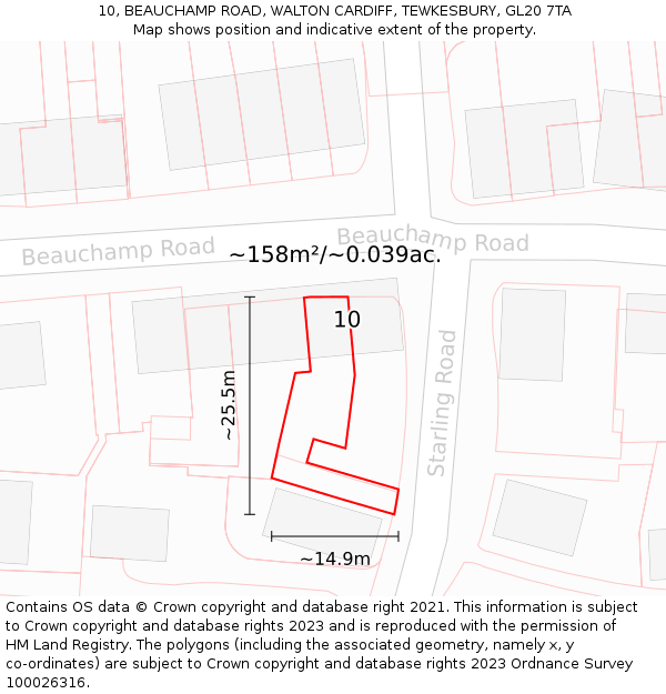 10, BEAUCHAMP ROAD, WALTON CARDIFF, TEWKESBURY, GL20 7TA: Plot and title map