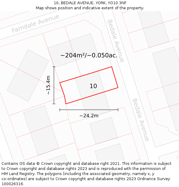 10, BEDALE AVENUE, YORK, YO10 3NF: Plot and title map