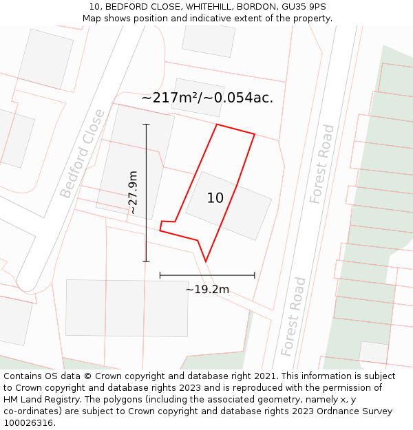 10, BEDFORD CLOSE, WHITEHILL, BORDON, GU35 9PS: Plot and title map