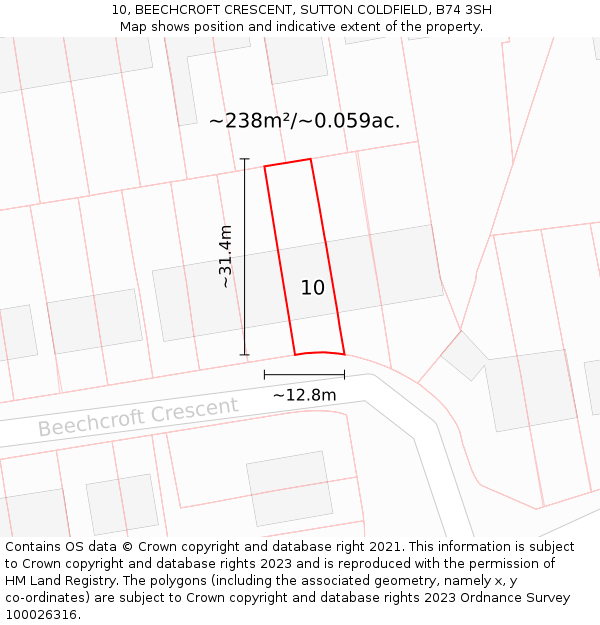 10, BEECHCROFT CRESCENT, SUTTON COLDFIELD, B74 3SH: Plot and title map