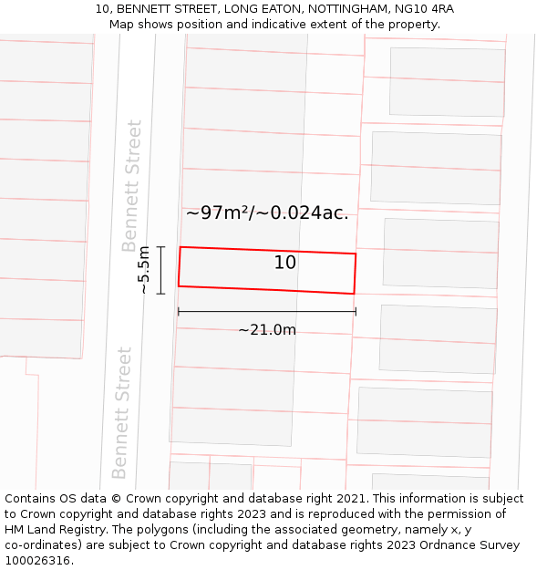 10, BENNETT STREET, LONG EATON, NOTTINGHAM, NG10 4RA: Plot and title map