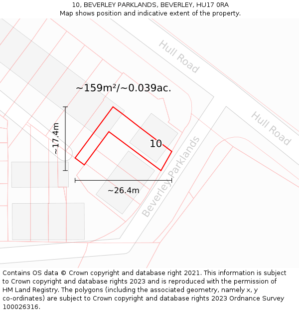 10, BEVERLEY PARKLANDS, BEVERLEY, HU17 0RA: Plot and title map