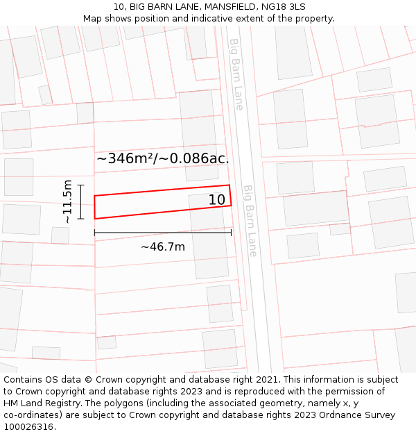 10, BIG BARN LANE, MANSFIELD, NG18 3LS: Plot and title map