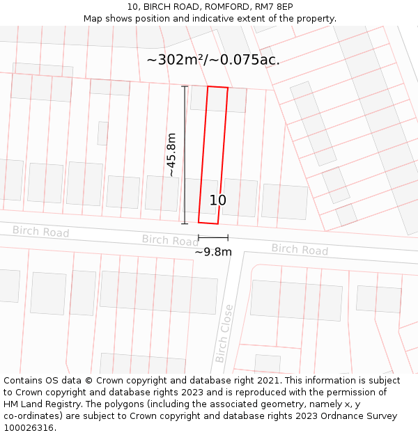 10, BIRCH ROAD, ROMFORD, RM7 8EP: Plot and title map