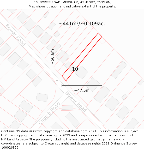 10, BOWER ROAD, MERSHAM, ASHFORD, TN25 6NJ: Plot and title map