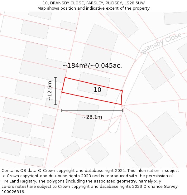 10, BRANSBY CLOSE, FARSLEY, PUDSEY, LS28 5UW: Plot and title map