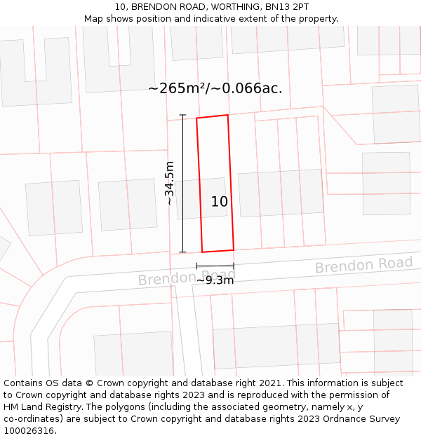 10, BRENDON ROAD, WORTHING, BN13 2PT: Plot and title map