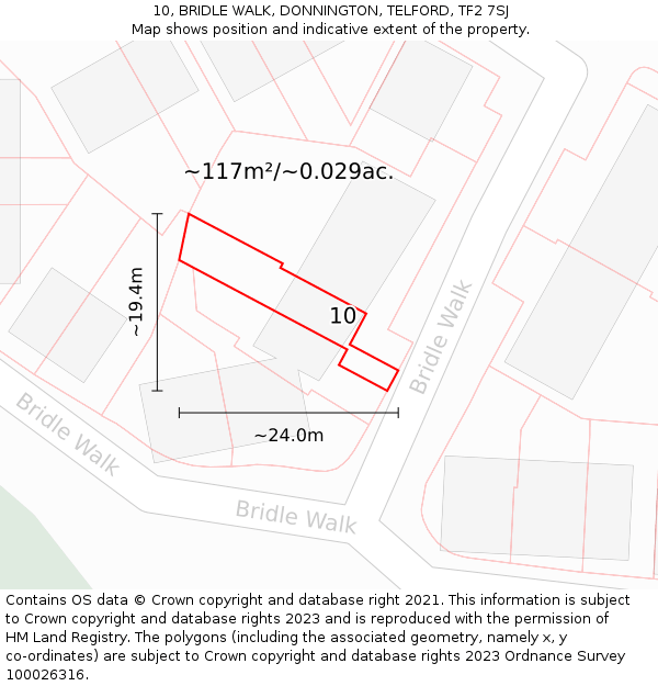 10, BRIDLE WALK, DONNINGTON, TELFORD, TF2 7SJ: Plot and title map