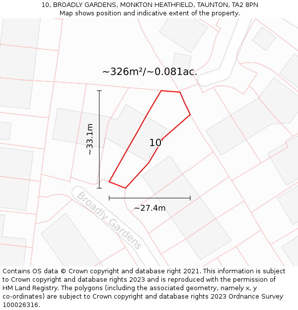 10, BROADLY GARDENS, MONKTON HEATHFIELD, TAUNTON, TA2 8PN: Plot and title map