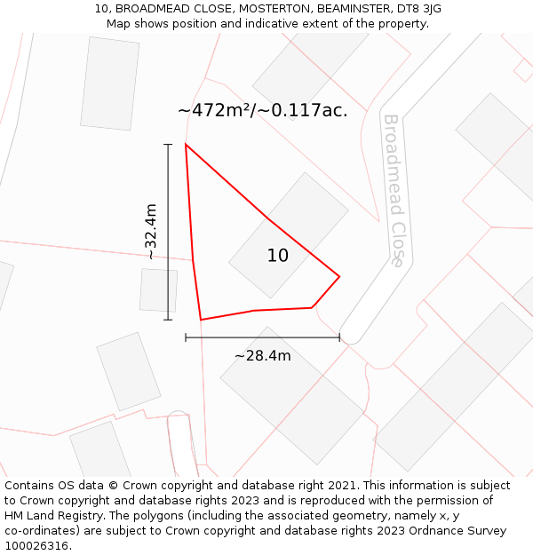 10, BROADMEAD CLOSE, MOSTERTON, BEAMINSTER, DT8 3JG: Plot and title map