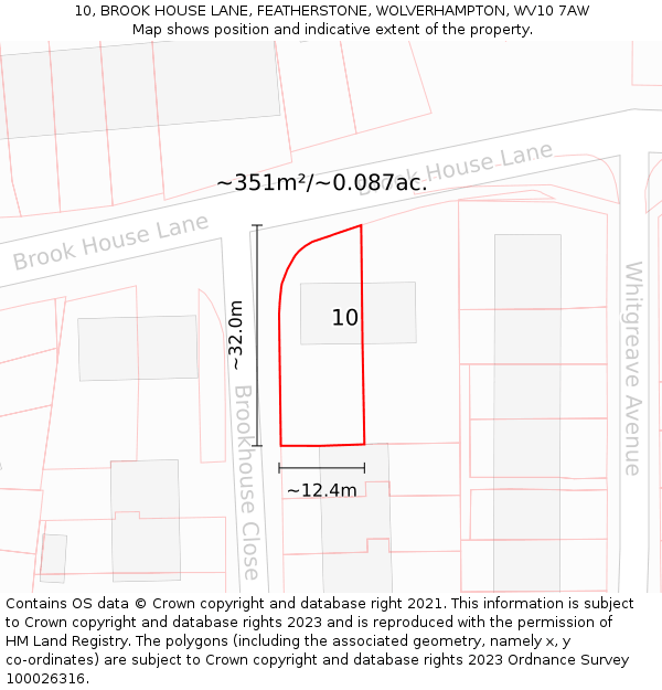 10, BROOK HOUSE LANE, FEATHERSTONE, WOLVERHAMPTON, WV10 7AW: Plot and title map