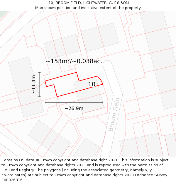 10, BROOM FIELD, LIGHTWATER, GU18 5QN: Plot and title map