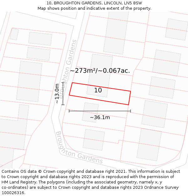 10, BROUGHTON GARDENS, LINCOLN, LN5 8SW: Plot and title map