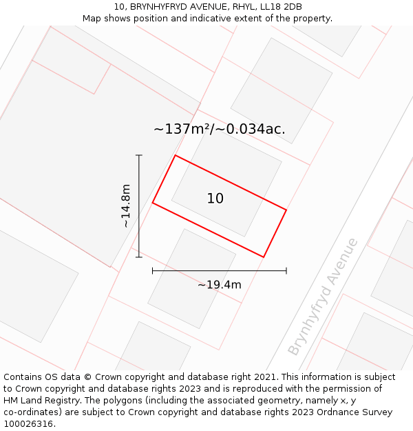 10, BRYNHYFRYD AVENUE, RHYL, LL18 2DB: Plot and title map