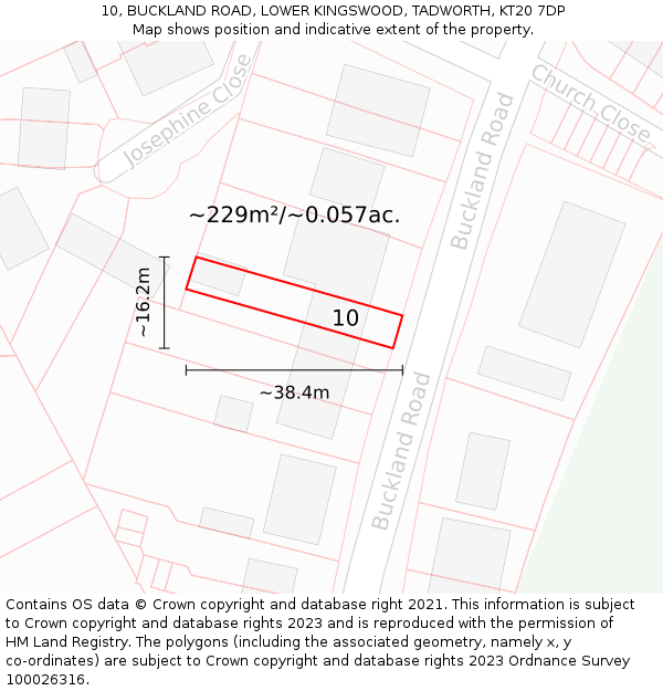 10, BUCKLAND ROAD, LOWER KINGSWOOD, TADWORTH, KT20 7DP: Plot and title map