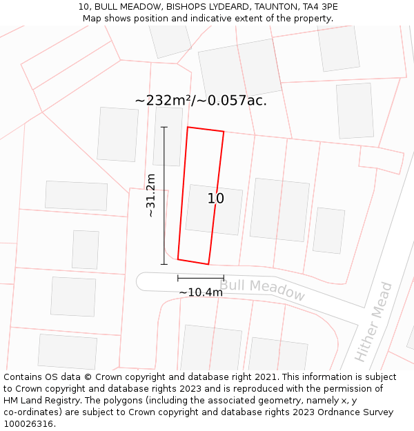 10, BULL MEADOW, BISHOPS LYDEARD, TAUNTON, TA4 3PE: Plot and title map